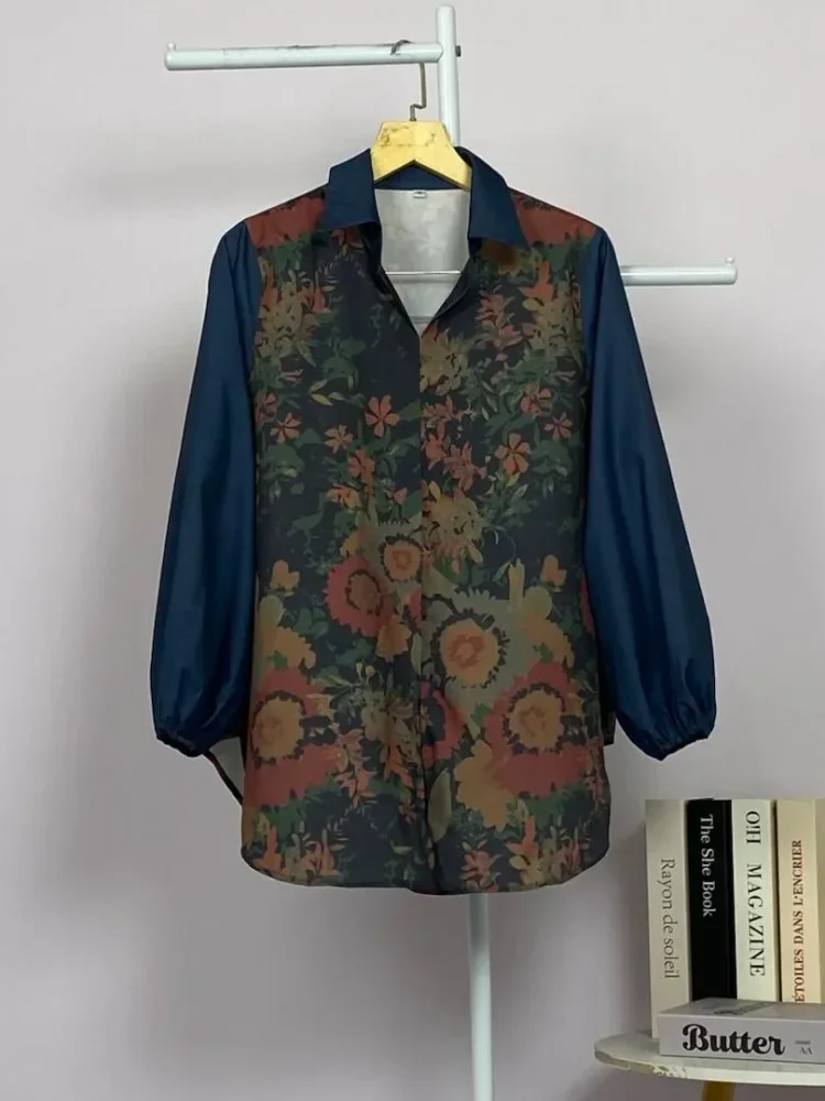 ASAYA Atasan gaya retro kerah v model longgar motif cetak untuk wanita