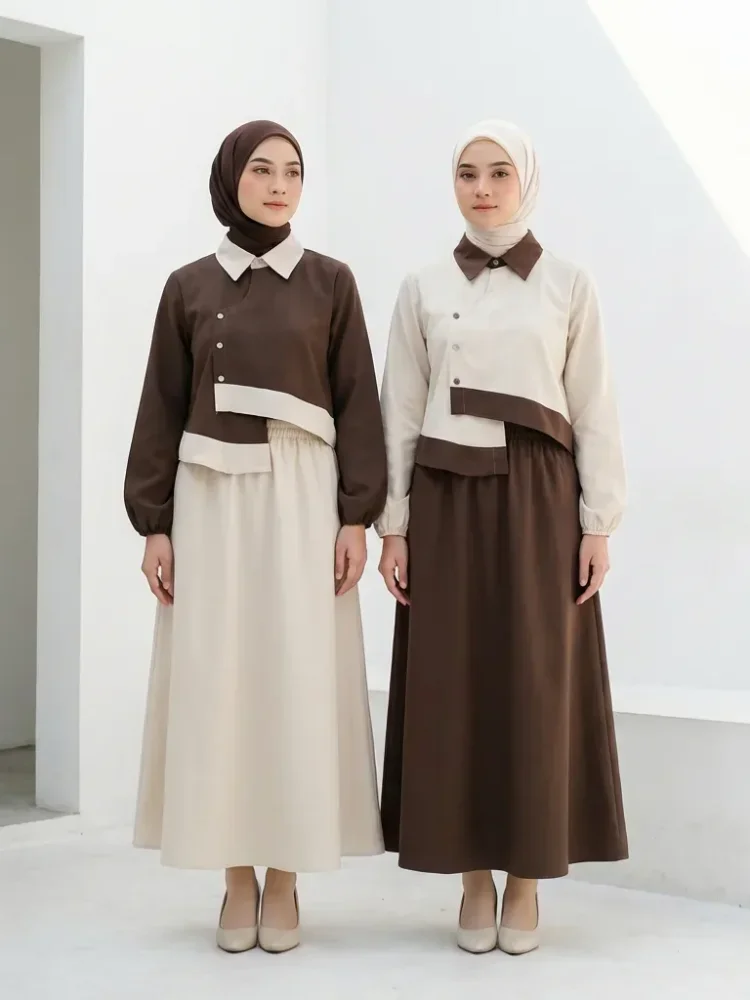 [READY STOCK]ASAYA Setelan dua potong dipadukan dengan kemeja lengan panjang bergaya unik, dengan kerah dan bagian bawah yang tidak beraturan, dipadukan dengan rok polos