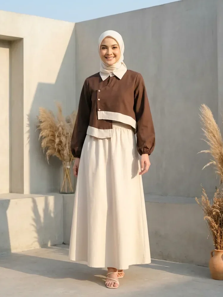 [READY STOCK]ASAYA Setelan dua potong dipadukan dengan kemeja lengan panjang bergaya unik, dengan kerah dan bagian bawah yang tidak beraturan, dipadukan dengan rok polos