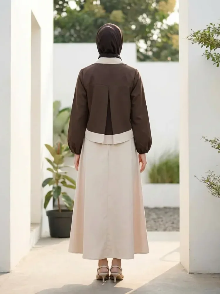 [READY STOCK]ASAYA Setelan dua potong dipadukan dengan kemeja lengan panjang bergaya unik, dengan kerah dan bagian bawah yang tidak beraturan, dipadukan dengan rok polos
