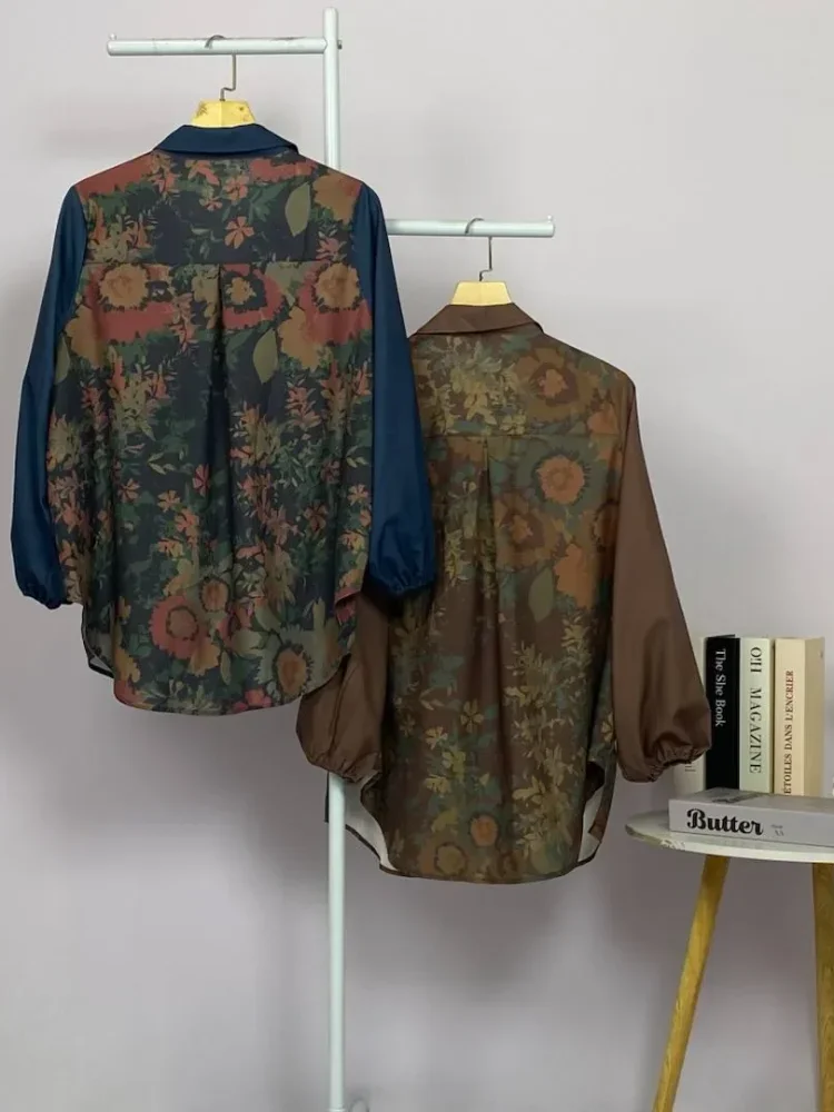 ASAYA Atasan gaya retro kerah v model longgar motif cetak untuk wanita
