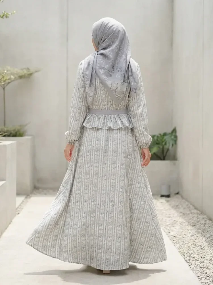 [DISKON KILAT]ASAYA Kemeja lengan panjang dengan kerah bulat dan pita dasi bermotif elegan, dipadukan dengan rok panjang bermotif vintage, set dua potong