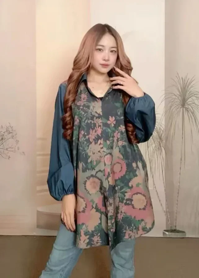 ASAYA Atasan gaya retro kerah v model longgar motif cetak untuk wanita