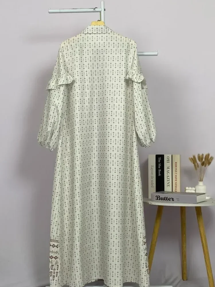 [DISKON KILAT]ASAYA Gamis kemeja motif etnik elegan – lengan panjang ruffle
