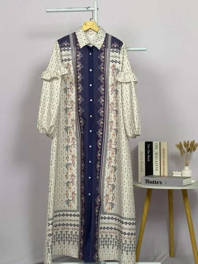 [DISKON KILAT]ASAYA Gamis kemeja motif etnik elegan – lengan panjang ruffle