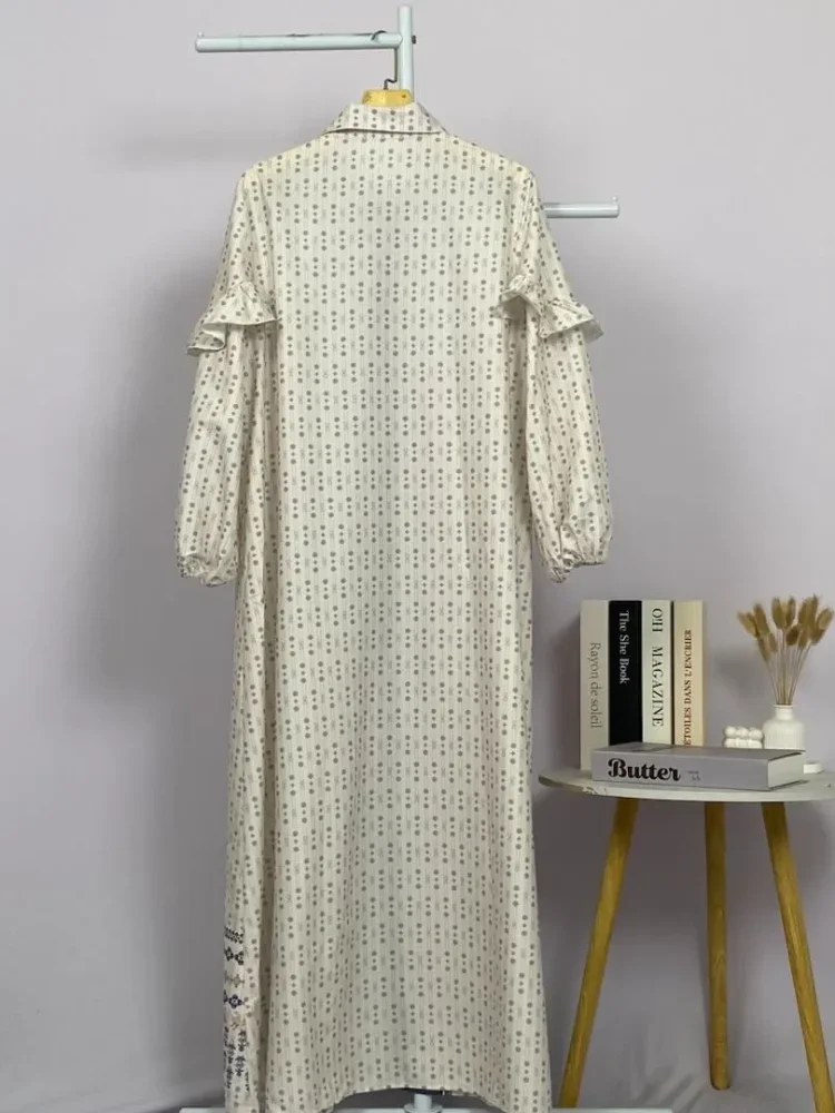 [DISKON KILAT]ASAYA Gamis kemeja motif etnik elegan – lengan panjang ruffle