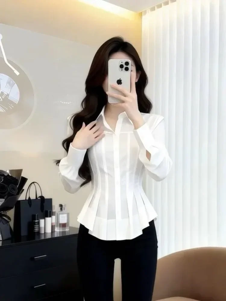[DISKON KILAT]FADFAD Kemeja wanita lengan panjang mode lipit warna solid kasual