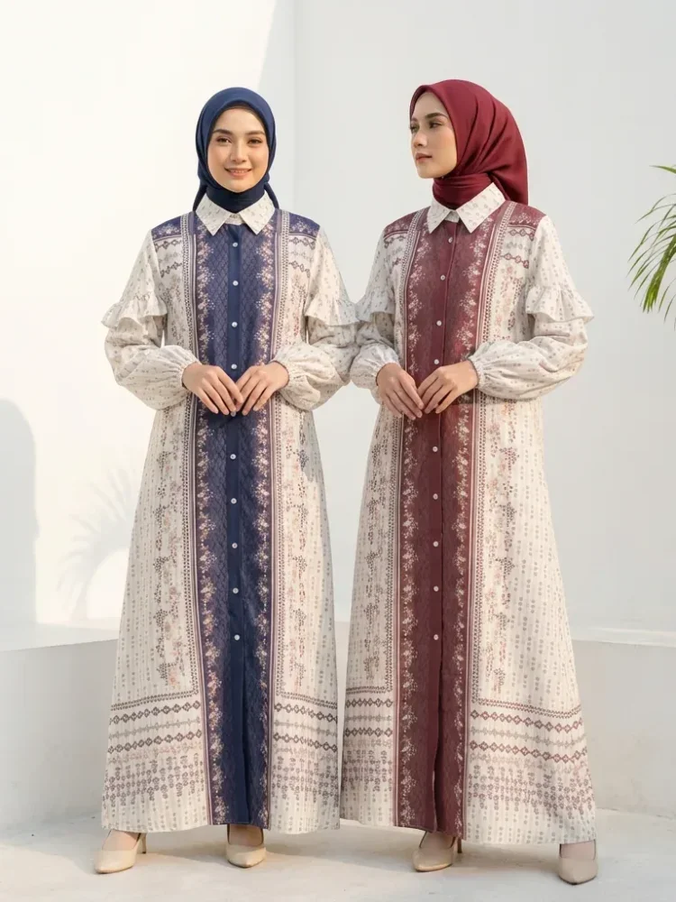 [DISKON KILAT]ASAYA Gamis kemeja motif etnik elegan – lengan panjang ruffle