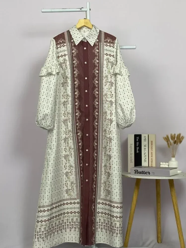 [DISKON KILAT]ASAYA Gamis kemeja motif etnik elegan – lengan panjang ruffle