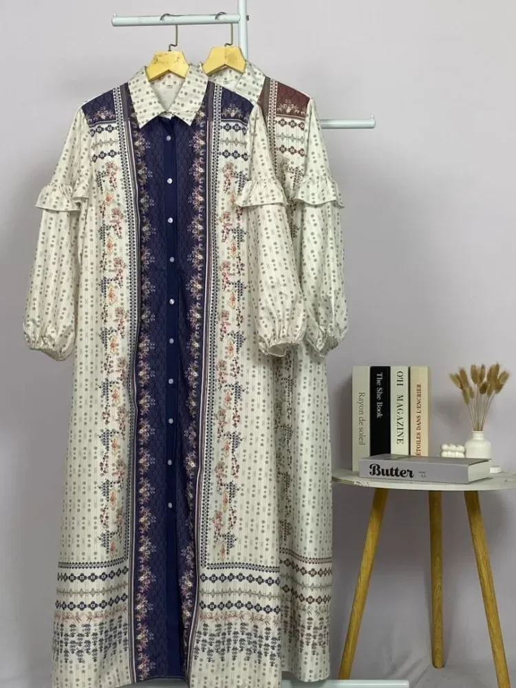 [DISKON KILAT]ASAYA Gamis kemeja motif etnik elegan – lengan panjang ruffle