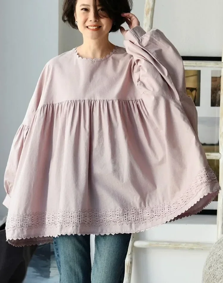 CHICMORE Atasan kemeja longgar gaya manis kerah bulat warna polos dan trendi