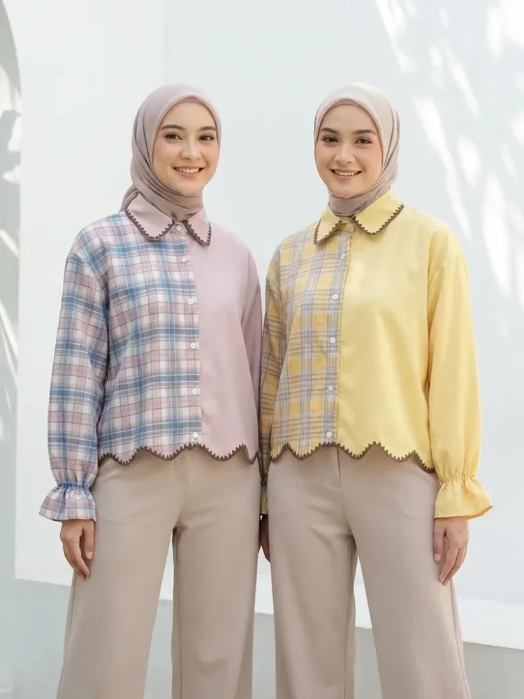 ASAYA Kemeja lengan panjang motif korea terbaru dengan bagian bawah yang tidak beraturan