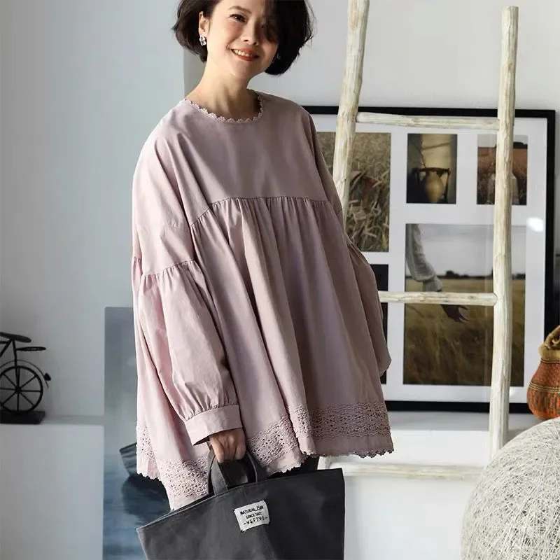 CHICMORE Atasan kemeja longgar gaya manis kerah bulat warna polos dan trendi