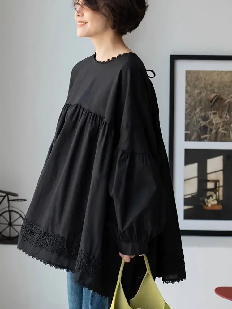 CHICMORE Atasan kemeja longgar gaya manis kerah bulat warna polos dan trendi