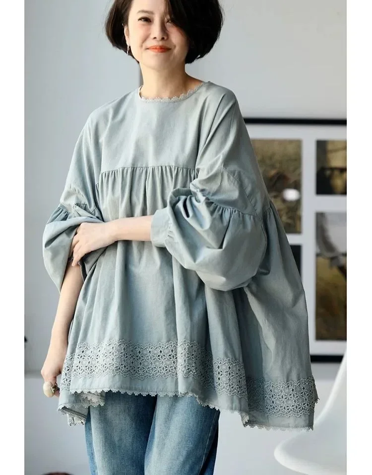 CHICMORE Atasan kemeja longgar gaya manis kerah bulat warna polos dan trendi