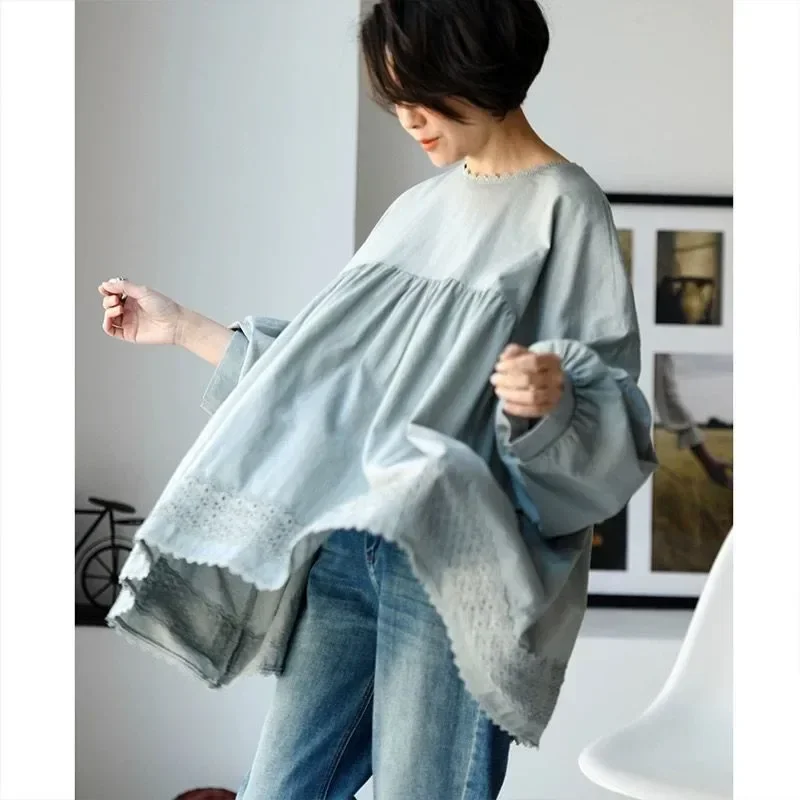 CHICMORE Atasan kemeja longgar gaya manis kerah bulat warna polos dan trendi