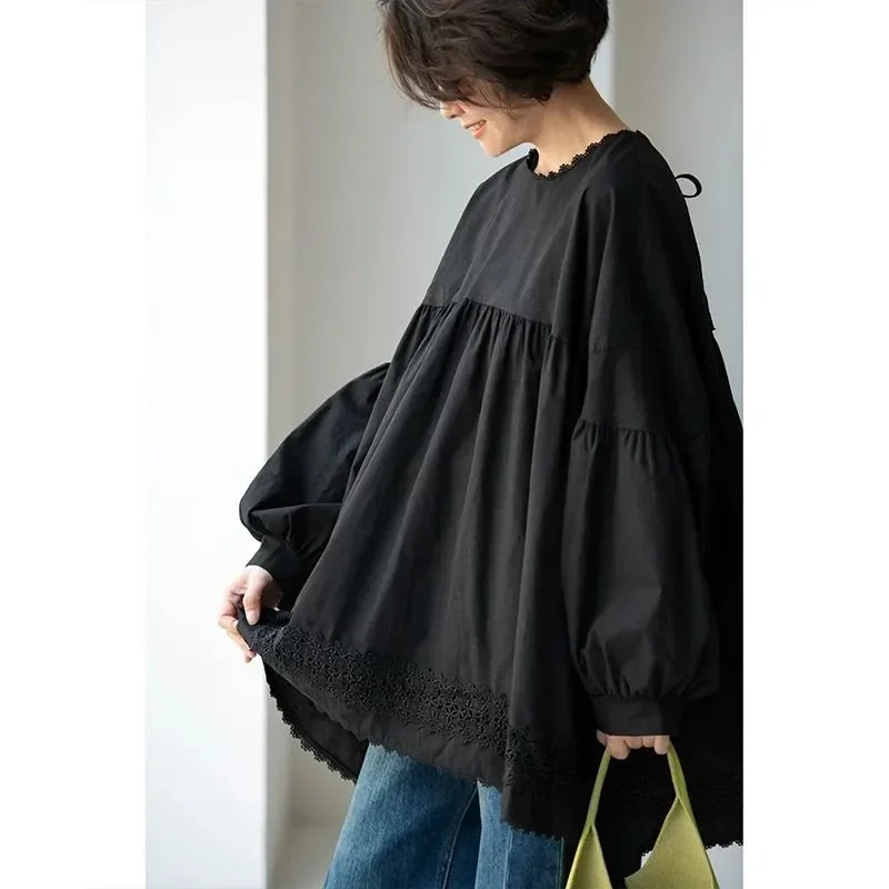 CHICMORE Atasan kemeja longgar gaya manis kerah bulat warna polos dan trendi