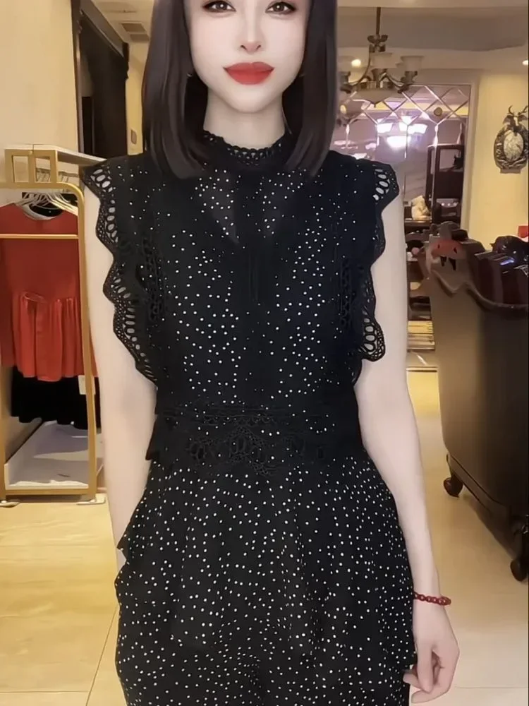 FADFAD Set dua potong wanita elegan hitam dengan polka dot tanpa lengan