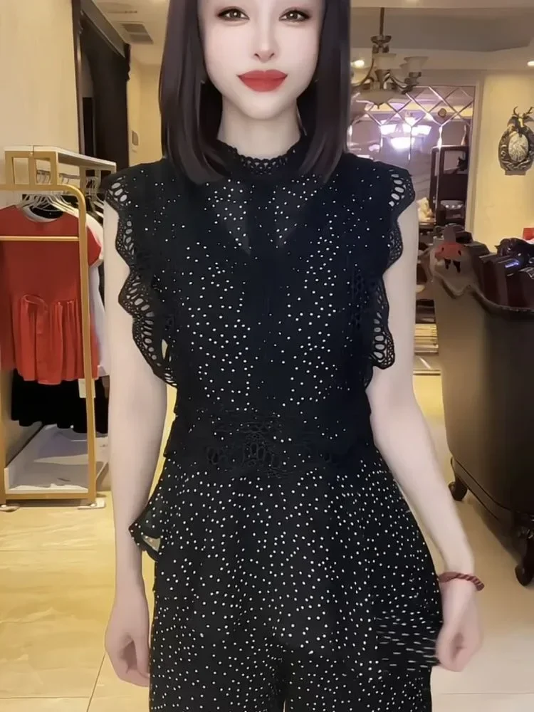 FADFAD Set dua potong wanita elegan hitam dengan polka dot tanpa lengan
