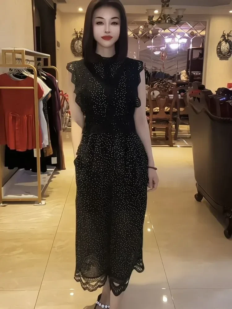 FADFAD Set dua potong wanita elegan hitam dengan polka dot tanpa lengan