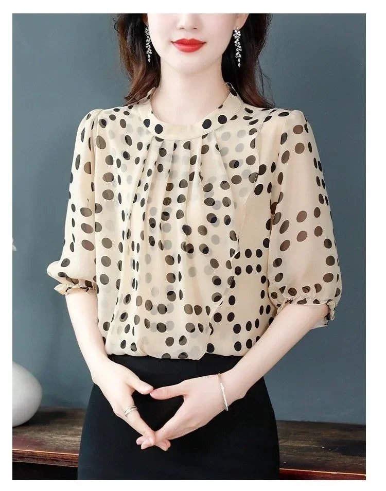FADFAD Atasan blus pulkadot lengan pendek gaya kasual terbaru untuk wanita