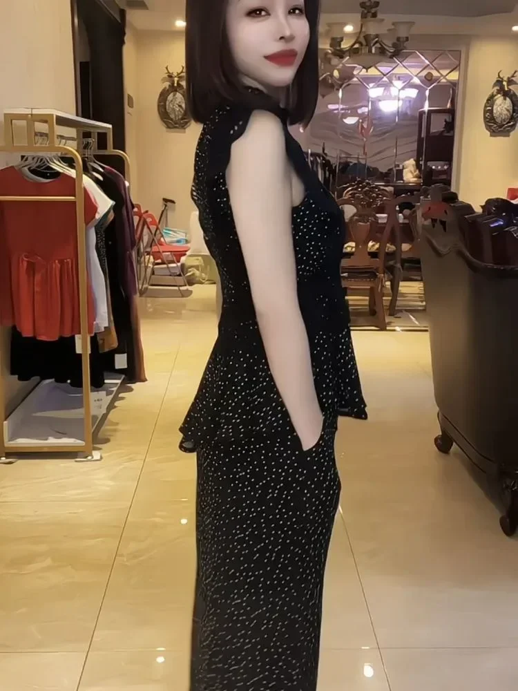 FADFAD Set dua potong wanita elegan hitam dengan polka dot tanpa lengan