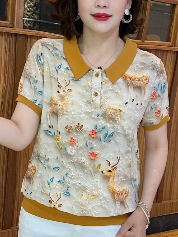FADFAD Atasan blouse motif cetak kerah leher v-neck