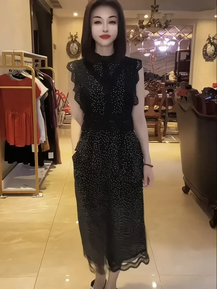 FADFAD Set dua potong wanita elegan hitam dengan polka dot tanpa lengan