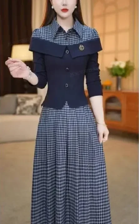 FADFAD Gaun pakaian wanita motif kotak gaya retro korea baru